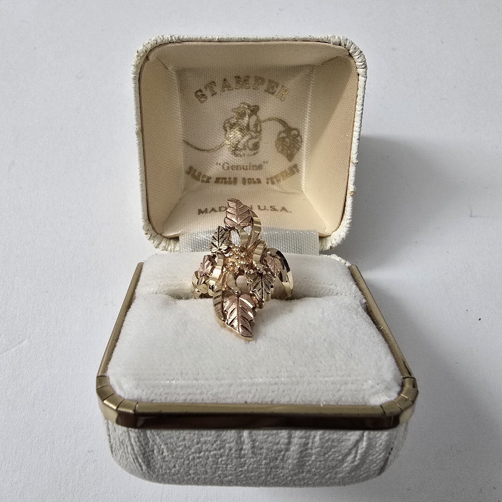 Rare Black Hills 10k Rose Gold Green Leaf Gold Ring In Original Vintage Box